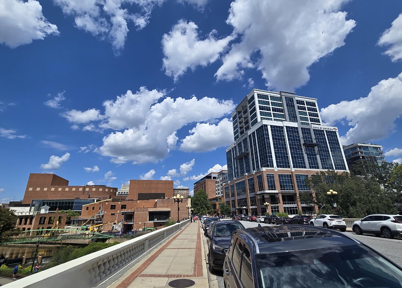 Downtown Greenville and the Reedy River viewed from the Main Street Bridge